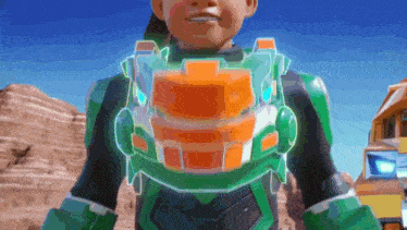 a cartoon character is wearing a green and orange robotic suit .