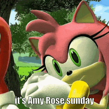 amy rose from sonic the hedgehog is eating a banana