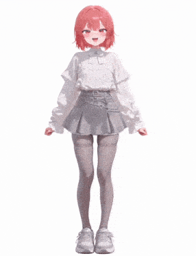 a girl with red hair is wearing a white shirt and a gray skirt