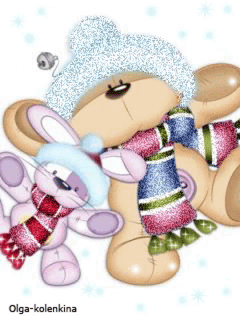 a teddy bear and a bunny wearing scarves and hats