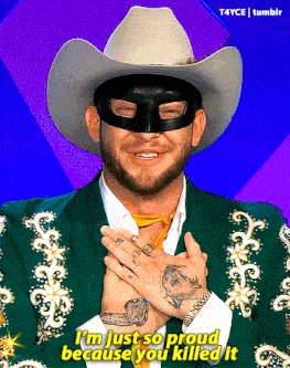 a man wearing a mask and a cowboy hat says " i 'm just so proud because you killed it "