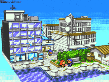 a pixel art drawing of a city with the name illusion of manna on the bottom