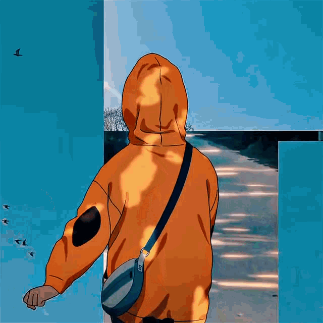 a person wearing an orange hoodie is walking through a doorway