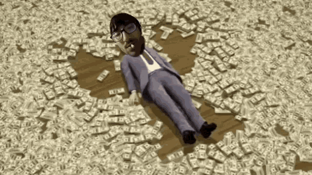 a man in a suit and tie is laying in a pile of money with the word r on it