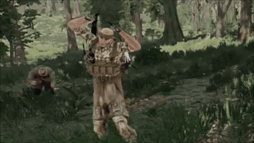 two soldiers are fighting in a video game and one has a scissor on his back