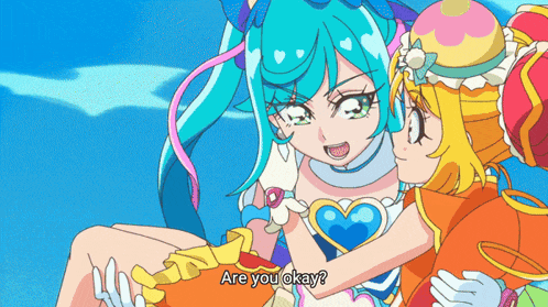 two anime girls are hugging each other and one of them says " are you okay "