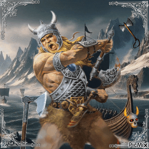 a picture of a viking with an axe and a picture of a viking ship with the word picmix on the bottom