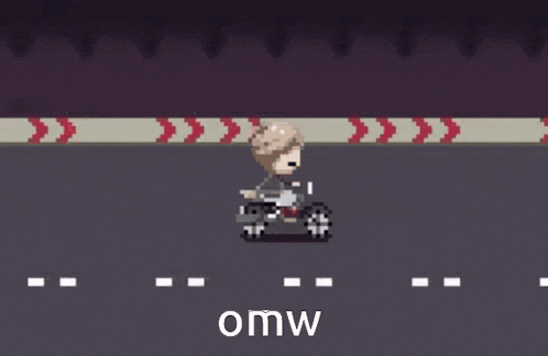 a pixel art illustration of a person riding a motorcycle with the word omw below them