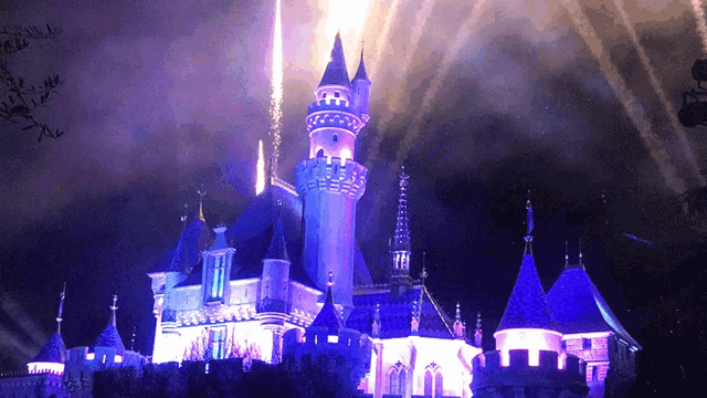 a castle is lit up with purple lights and fireworks in the background