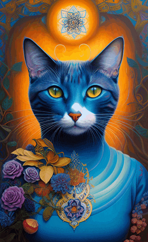 a painting of a blue cat with yellow eyes and a blue necklace
