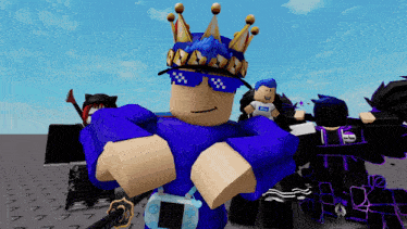 a roblox character wearing a crown and sunglasses stands with his arms crossed