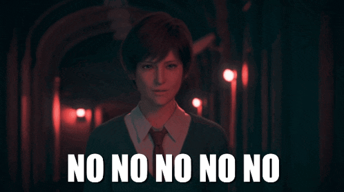 a woman in a dark room with the words " no no no no "