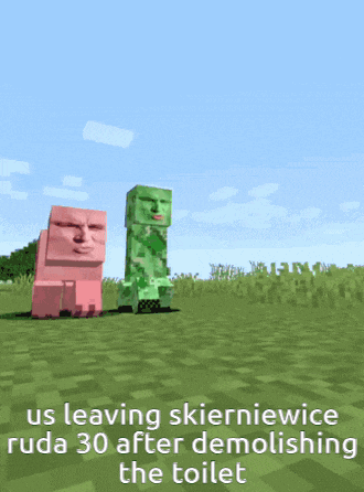 a screenshot of a minecraft game shows a creeper and a pink monster