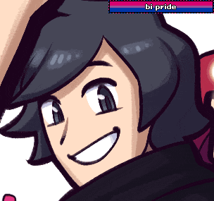 a cartoon drawing of a person with a bi pride badge