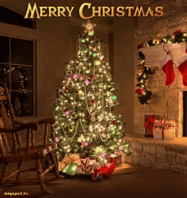 a merry christmas greeting card with a christmas tree in the foreground