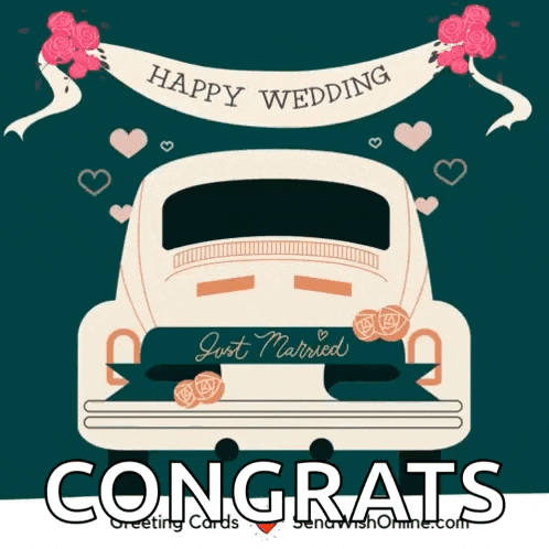 a congratulations card with a car that says happy wedding just married