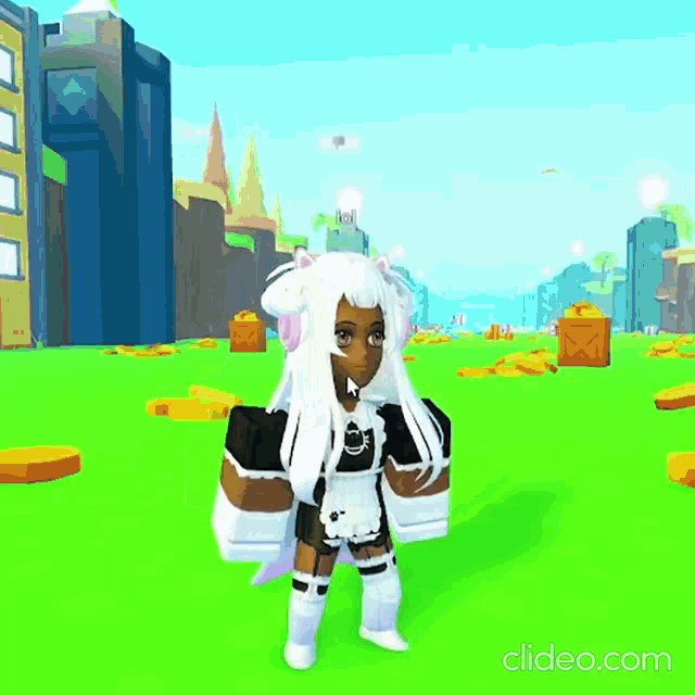 a girl in a maid outfit is standing on a green field .