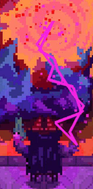 a pixel art of a purple lightning bolt coming from the sky