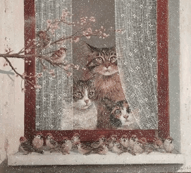 a cat and a kitten are looking out a window surrounded by sparrows