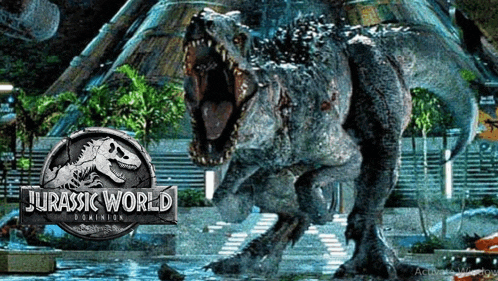 a poster for jurassic world dominion with a t-rex in the background