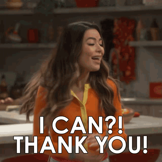 a woman in an orange shirt says i can ? thank you