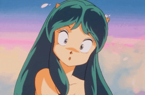 a cartoon character with green hair and horns looks surprised
