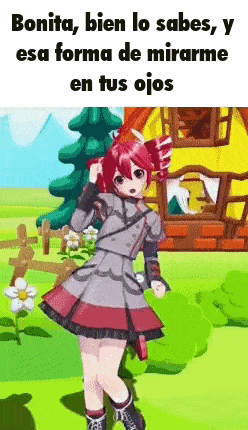a cartoon girl with red hair is standing in front of a yellow house ..