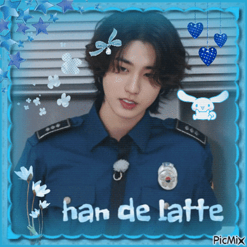 a picture of a man in a police uniform with the words han de latte on the bottom