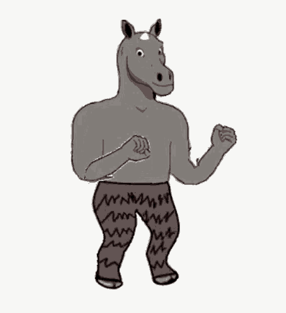 a cartoon drawing of a horse wearing a pair of striped pants