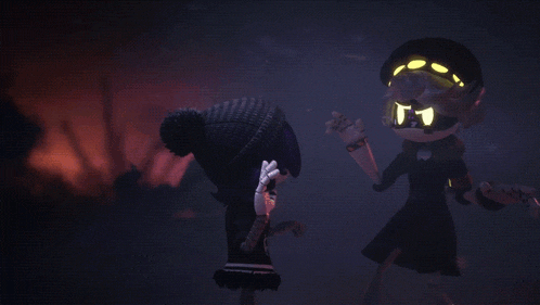 a couple of cartoon characters standing next to each other in a dark room