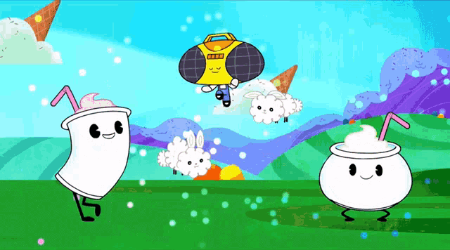a cartoon character with a boombox on his head is flying through the air