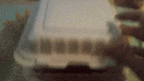 a person holding a styrofoam container with a blurred background