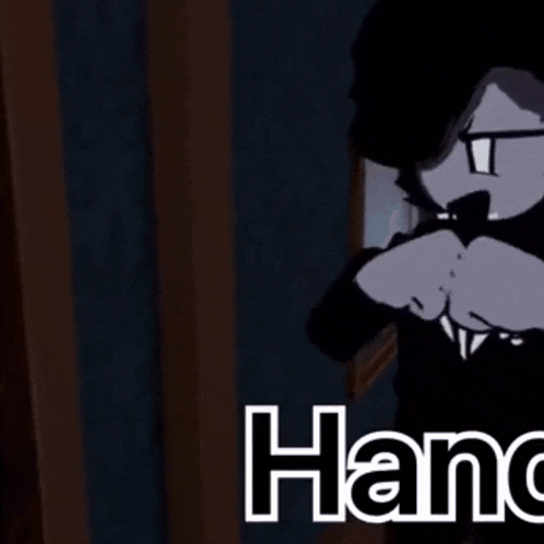 a cartoon character wearing glasses is standing in front of a door and covering his mouth with his hand .