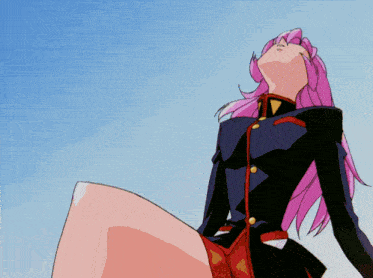 a girl with pink hair is wearing a black jacket and red trim