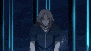 two anime characters are fighting each other with a blue background