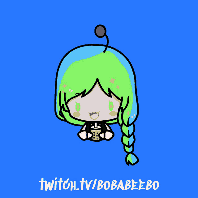 a cartoon of a girl with green hair holding a cup of boba tea