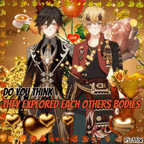 two anime characters are standing next to each other with the words do you think they explored each other 's bodies