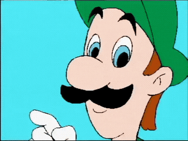 a cartoon character with a green hat and mustache is smiling