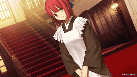 a girl with red hair is wearing a white apron and standing in front of a set of stairs