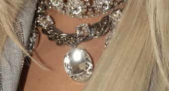 a close up of a woman 's neck with a necklace and earrings