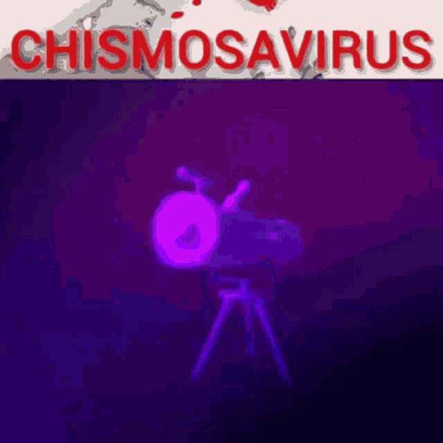 a purple telescope is sitting on a tripod in front of a map of the world with the words chismosavirus .