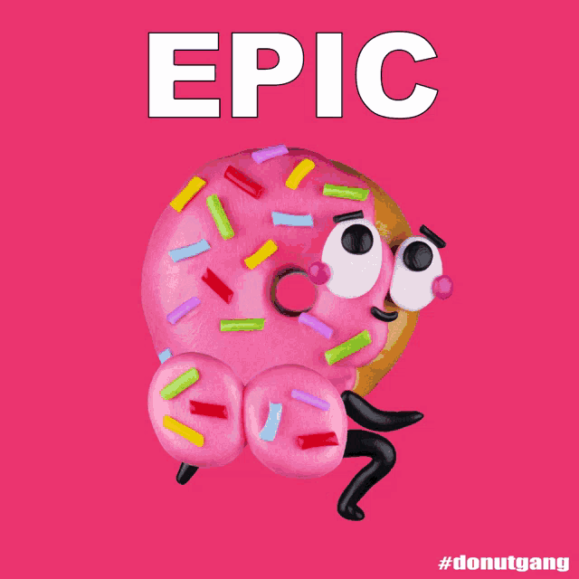 a pink donut with sprinkles on it and the words epic above it