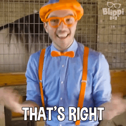 a man wearing a blue shirt and orange suspenders says that 's right