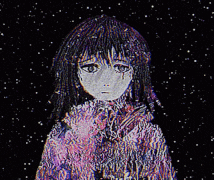 a drawing of a girl with a scarf around her neck against a black background