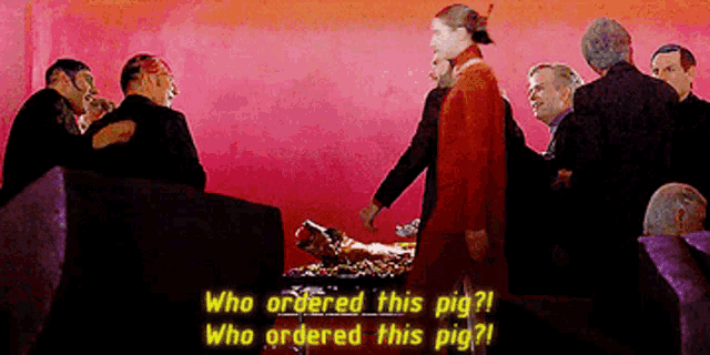 a group of people standing around a pig with the words who ordered this pig on the bottom right