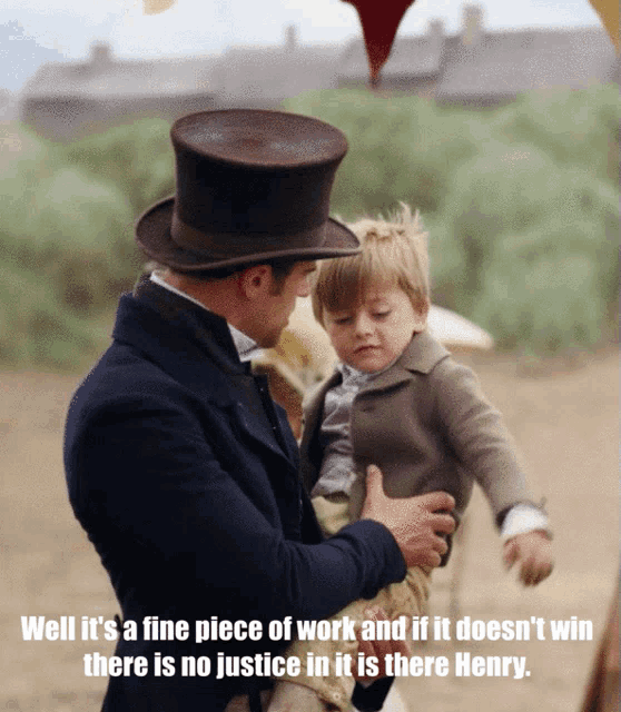 a man in a top hat holds a little boy in his arms with a quote about henry