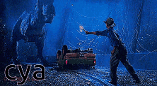 a picture of a man walking in front of a t-rex and the word cya