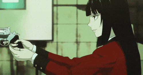 a girl in a red jacket is pointing a gun at something