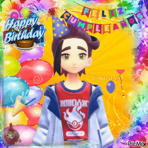 a birthday card with a boy wearing a red shirt that says xmohx on it