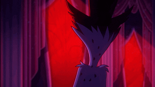 a cartoon character is standing in a dark room with red curtains